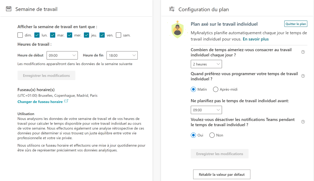 semaine de travail configuration du plan